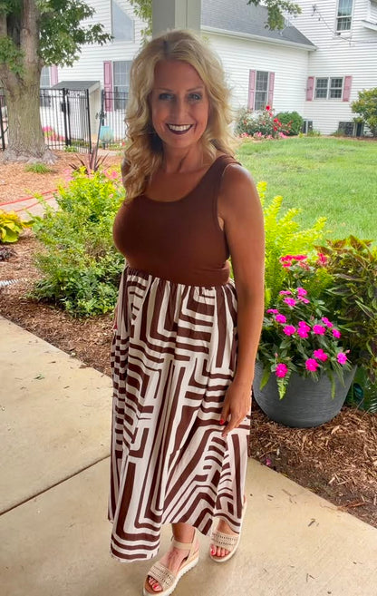 LuLaRoe Madeline Midi Tank Dress - Mocha Geometric Maze