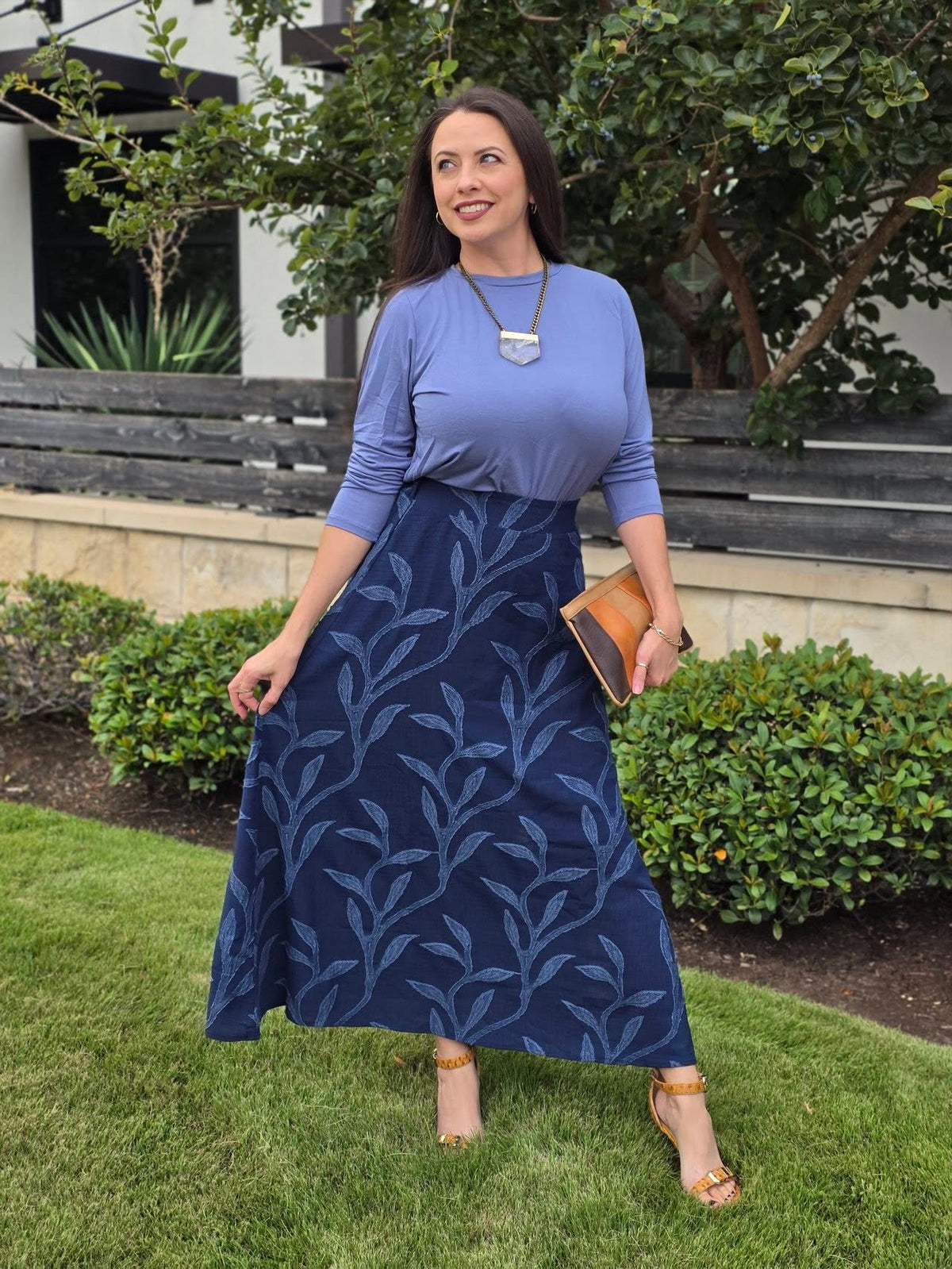 LuLaRoe Aurelia Maxi Skirt - Solid Navy Blue Tonal Leaf Vine - additional view 1