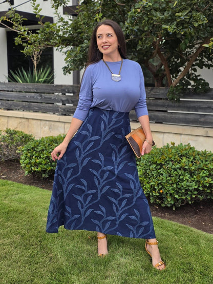 LuLaRoe Aurelia Maxi Skirt - Solid Navy Blue Tonal Leaf Vine - additional view 1