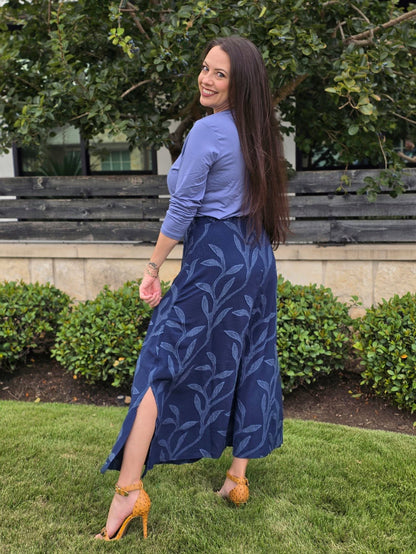 LuLaRoe Aurelia Maxi Skirt - Solid Navy Blue Tonal Leaf Vine - additional view 2