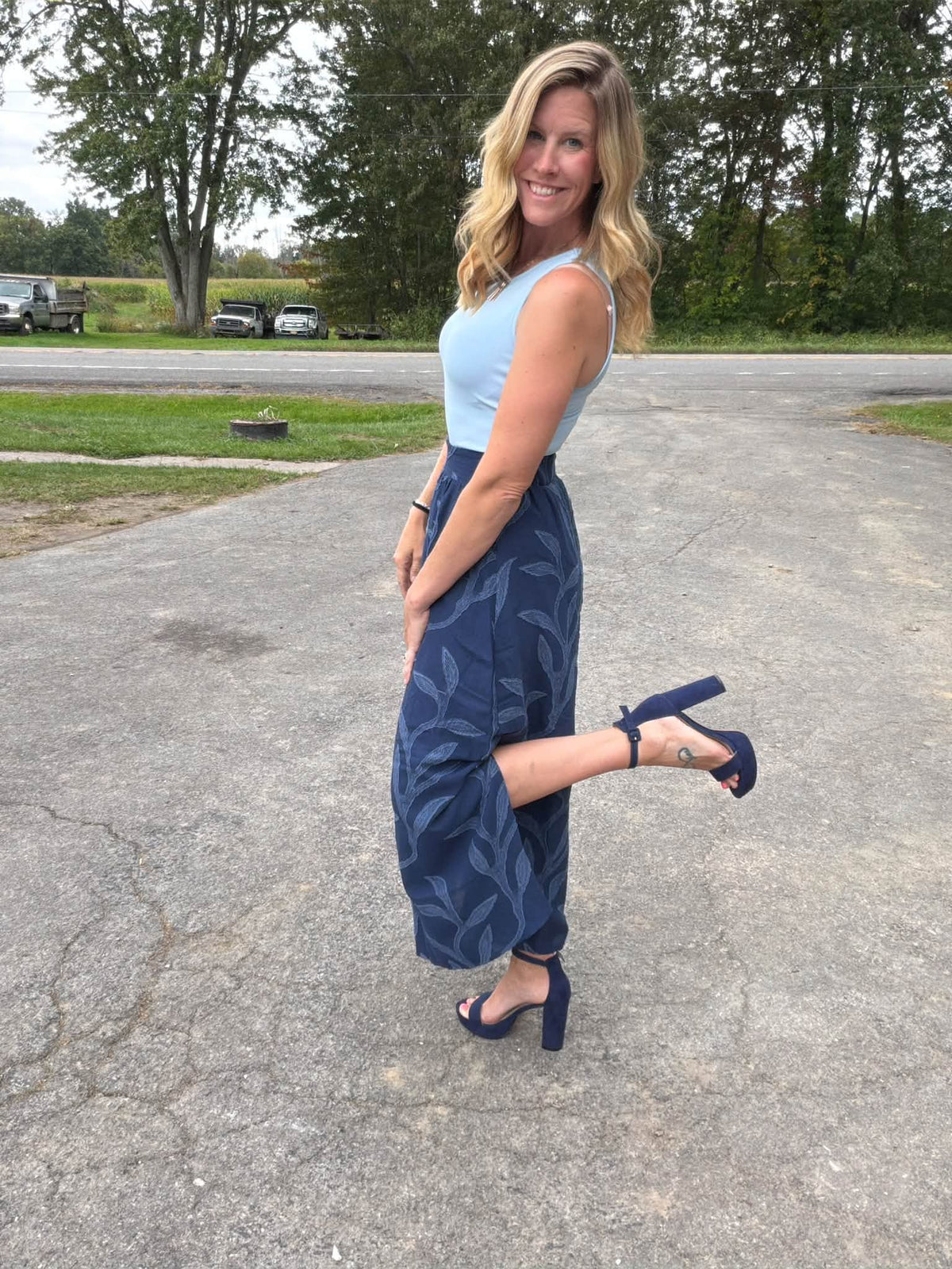LuLaRoe Aurelia Maxi Skirt - Solid Navy Blue Tonal Leaf Vine - additional view 4
