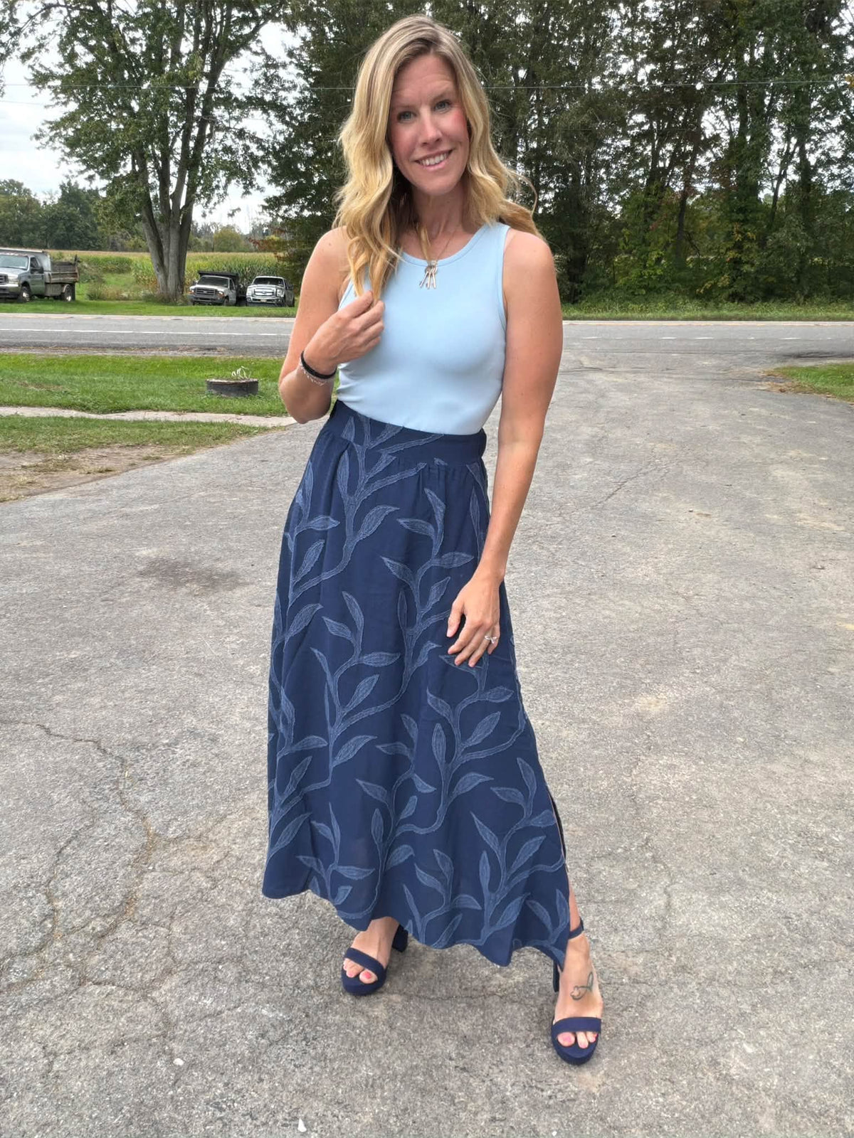 LuLaRoe Aurelia Maxi Skirt - Solid Navy Blue Tonal Leaf Vine - additional view 5