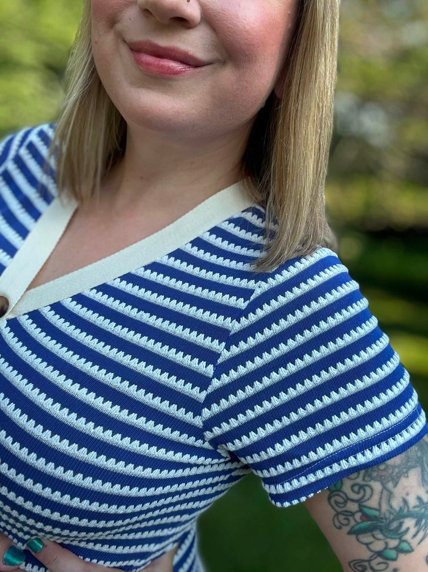 LuLaRoe Leni Button Front Midi Dress in Navy and Ivory Scalloped Stripe with short sleeves, V-neckline and contrast trim