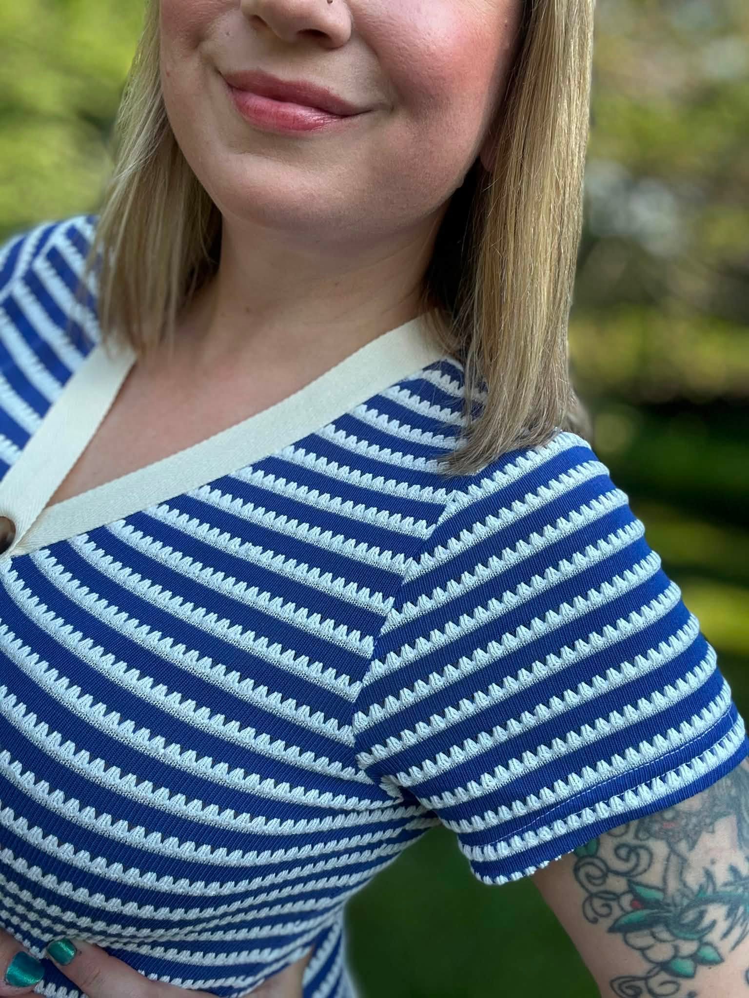 LuLaRoe Leni Button Front Midi Dress in Navy and Ivory Scalloped Stripe with short sleeves, V-neckline and contrast trim