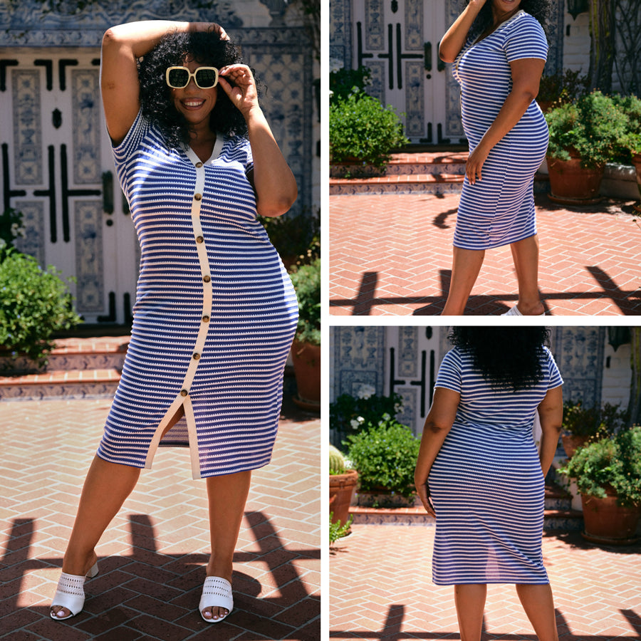 LuLaRoe Leni Button Front Midi Dress in Navy and Ivory Scalloped Stripe with short sleeves, V-neckline and contrast trim