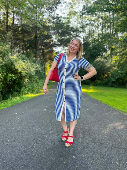 LuLaRoe Leni Button Front Midi Dress in Navy and Ivory Scalloped Stripe with short sleeves, V-neckline and contrast trim