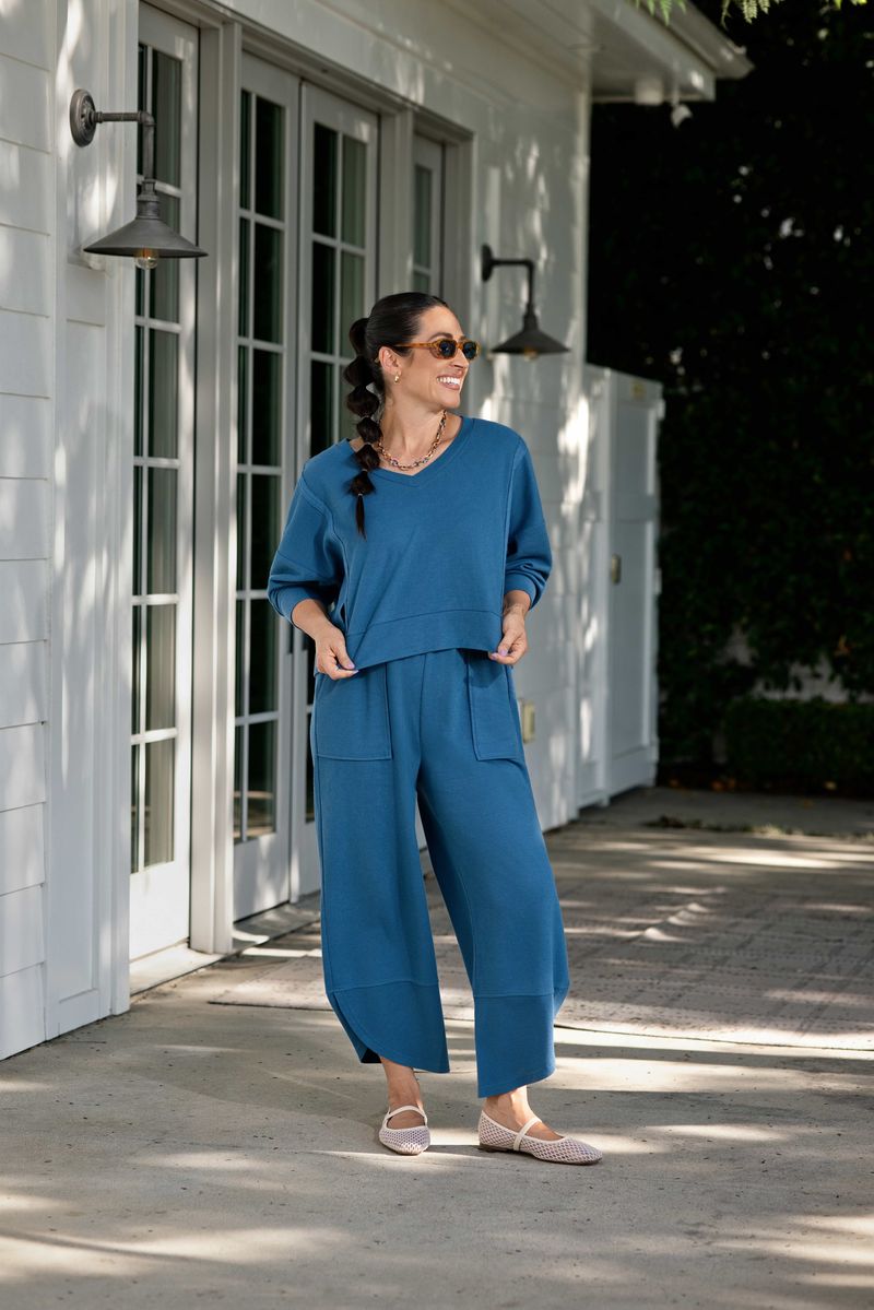 Lifestyle view 4 of the LuLaRoe Wendy Easy Barrel Pull-On Pant in Solid Ocean Blue