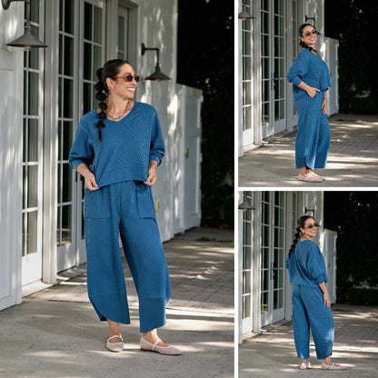 Lifestyle view 2 of the LuLaRoe Wendy Easy Barrel Pull-On Pant in Solid Ocean Blue
