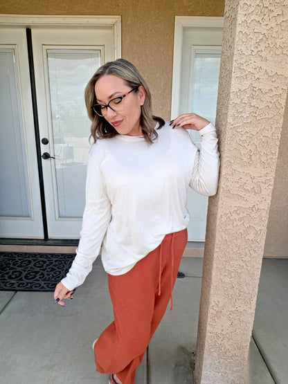 LuLaRoe Essential Long Sleeve Top Solid Bone Off White - women’s crewneck stretch baby rib long sleeve shirt, product photo 3