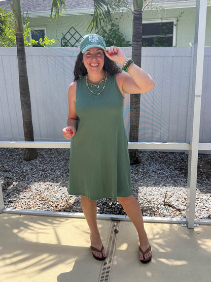 LuLaRoe Charlotte Dress - Solid Soft Olive Sleeveless A-Line Dress with Pockets