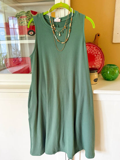 LuLaRoe Charlotte Dress - Solid Soft Olive Sleeveless A-Line Dress with Pockets