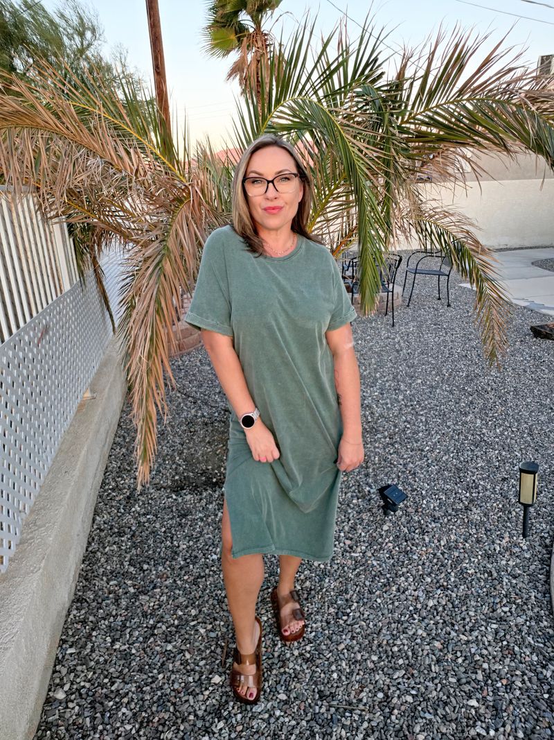 LuLaRoe Leticia Solid Mineral Washed Dusty Olive Green 100% cotton mineral washed midi T-shirt dress - product image 7