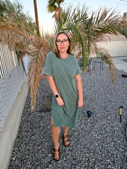 LuLaRoe Leticia Solid Mineral Washed Dusty Olive Green 100% cotton mineral washed midi T-shirt dress - product image 7