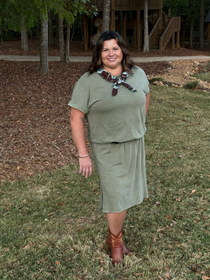 LuLaRoe Leticia Solid Mineral Washed Dusty Olive Green 100% cotton mineral washed midi T-shirt dress - product image 3