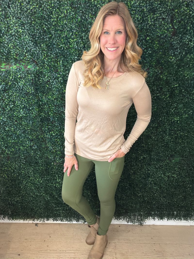 LuLaRoe WarmTech fleece-lined leggings solid olive green - detail and lifestyle view 1