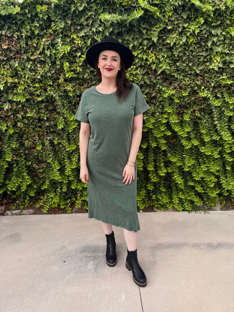 LuLaRoe Leticia Solid Mineral Washed Dusty Olive Green 100% cotton mineral washed midi T-shirt dress - product image 6