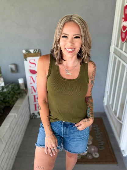 LuLaRoe Maydene Scallop Edge Tank – Solid Soft Olive