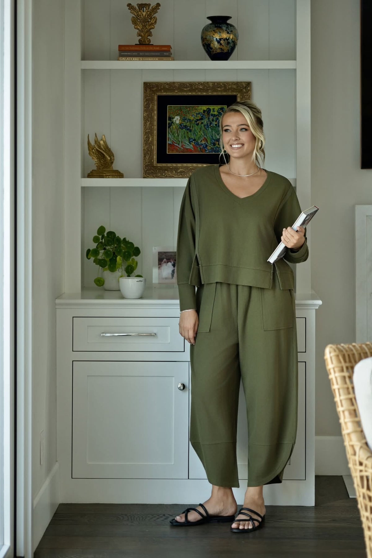 Lifestyle view 1 of the LuLaRoe Wendy Easy Barrel Pull-On Pant in Solid Olive Green