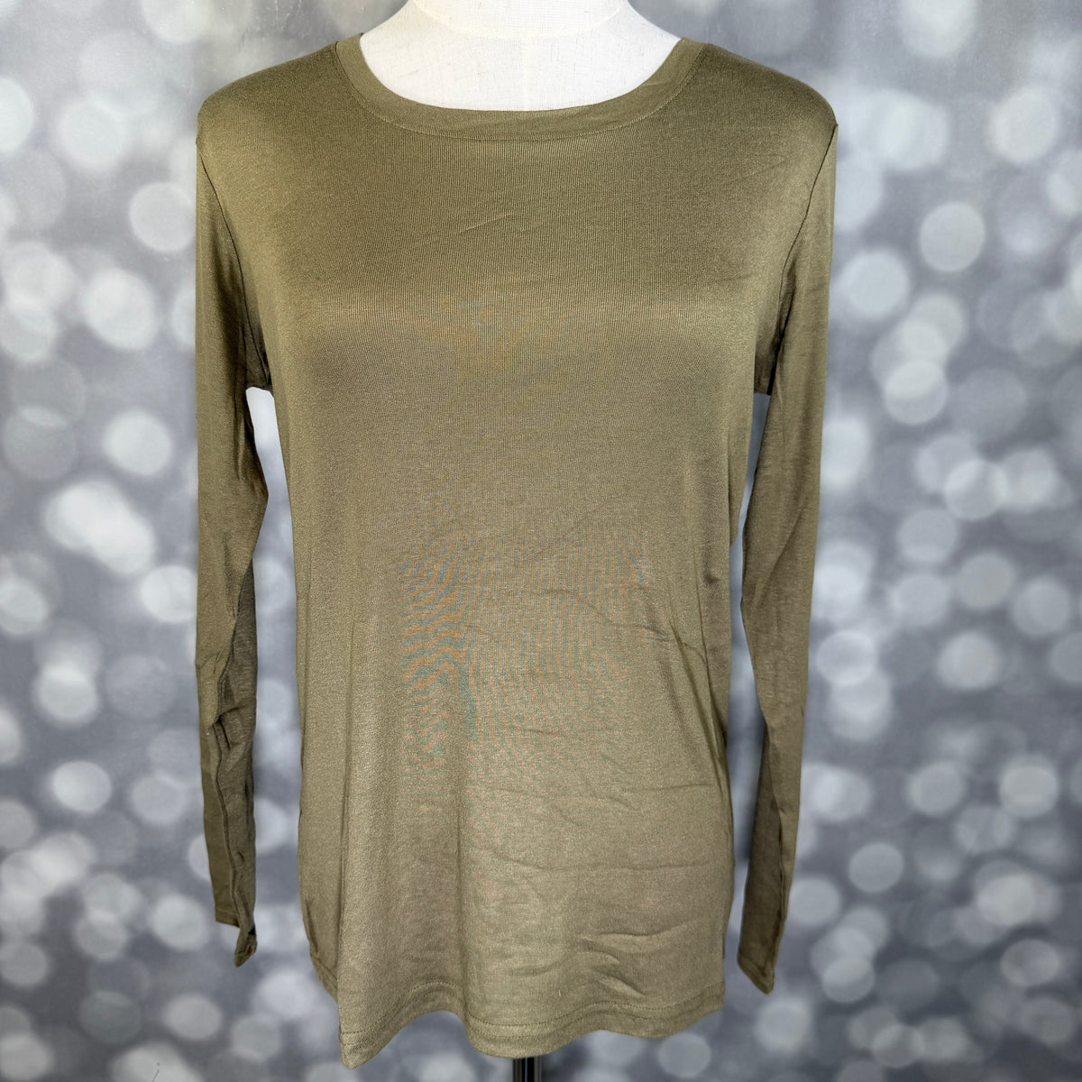LuLaRoe Essential Long Sleeve Top Solid Dusty Olive - women’s crewneck stretch baby rib long sleeve shirt, product photo 2