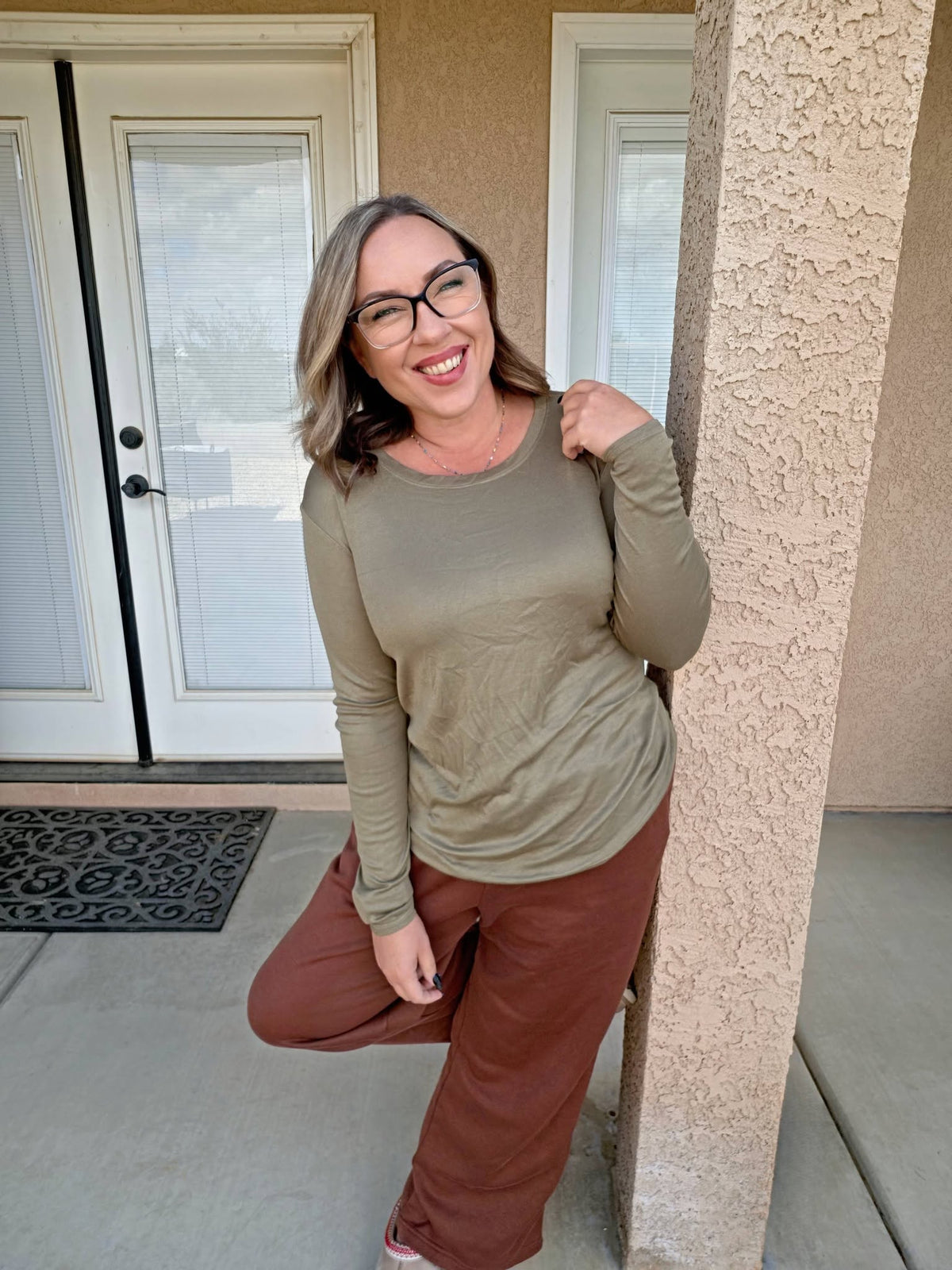 LuLaRoe Essential Long Sleeve Top Solid Dusty Olive - women’s crewneck stretch baby rib long sleeve shirt, product photo 3