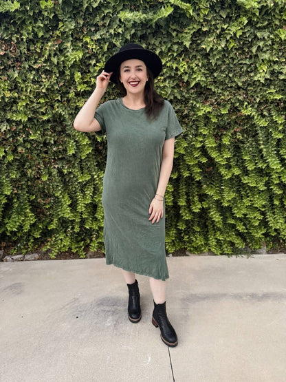 LuLaRoe Leticia Solid Mineral Washed Dusty Olive Green 100% cotton mineral washed midi T-shirt dress - product image 8