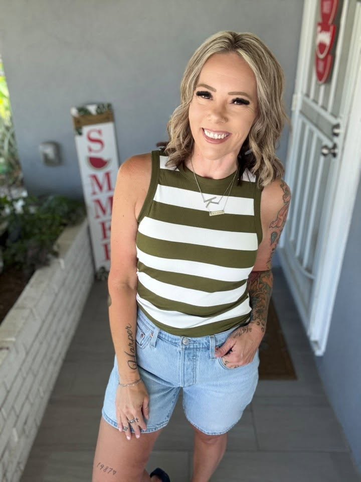 LuLaRoe Davy Rib Tank – Olive & Ivory Wide Stripe