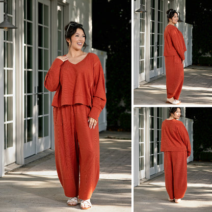 Lifestyle view 1 of the LuLaRoe Wendy Easy Barrel Pull-On Pant in Solid Rust Orange