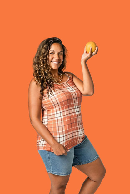 LuLaRoe Essential Cami 2-Pack - Rust & Ivory Plaid + Solid Burnt Orange