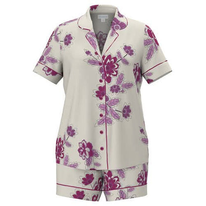 LuLaRoe Candy PJ Set featuring an ivory background with orchid purple floral sketch artwork, button-front short sleeve pajama top, coordinating piping details, and matching pocket shorts on a white background