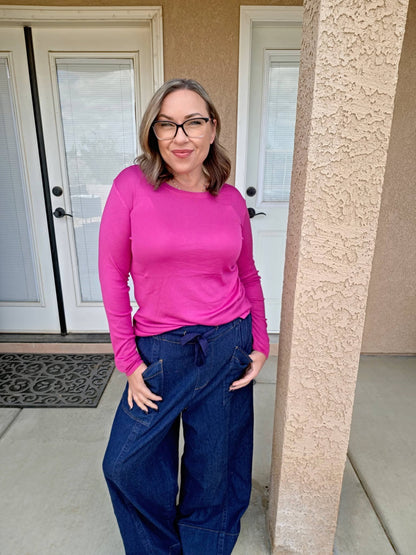 LuLaRoe Essential Long Sleeve Top Solid Dark Orchid - women’s crewneck stretch baby rib long sleeve shirt, product photo 3