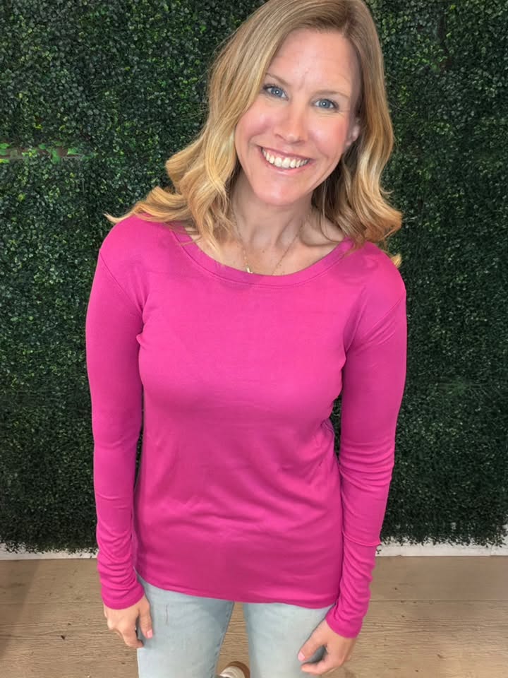 LuLaRoe Essential Long Sleeve Top Solid Dark Orchid - women’s crewneck stretch baby rib long sleeve shirt, product photo 6