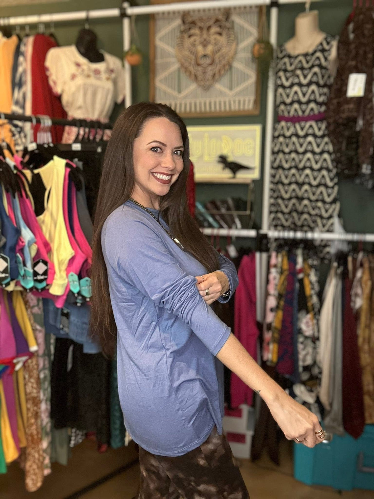LuLaRoe Sharon Long Sleeve Top - Solid Periwinkle Blue - styled outfit photo