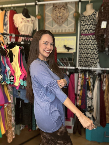 LuLaRoe Sharon Long Sleeve Top - Solid Periwinkle Blue - styled outfit photo