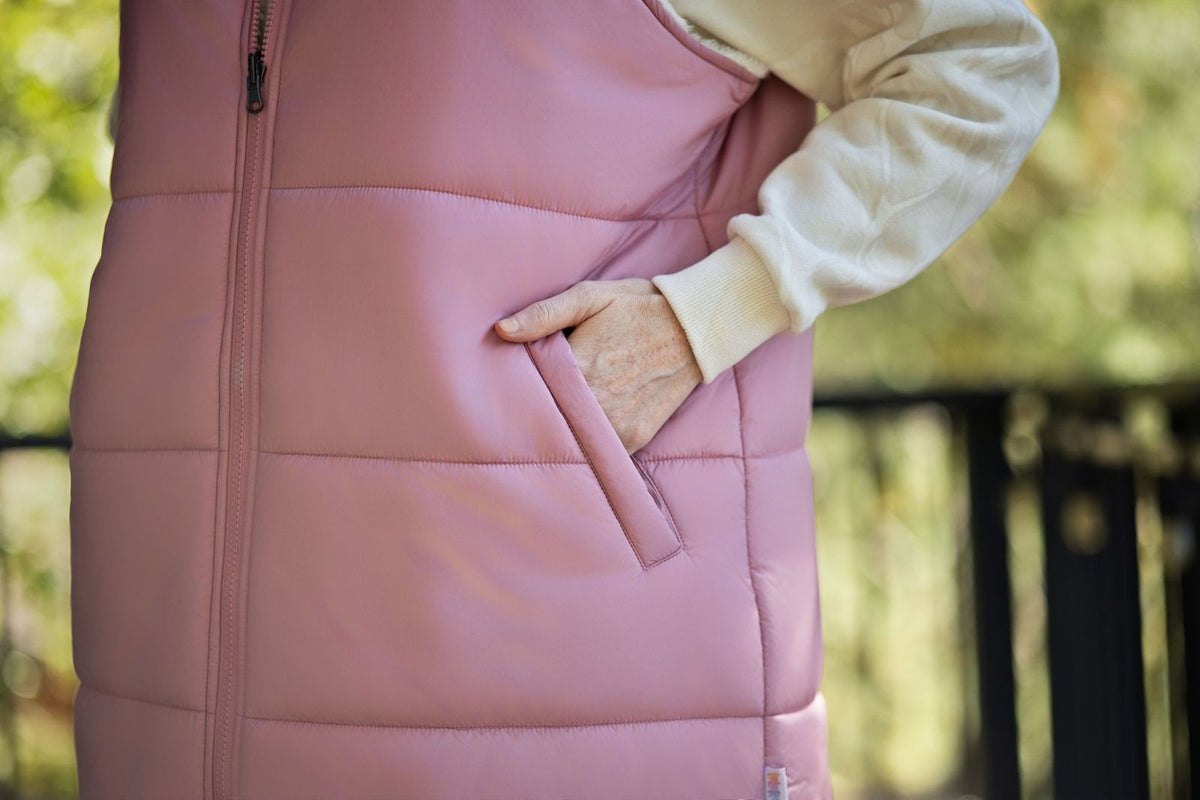 LuLaRoe Alta Reversible Long Vest Solid Dusty Blush Pink, lifestyle and detail photo 10