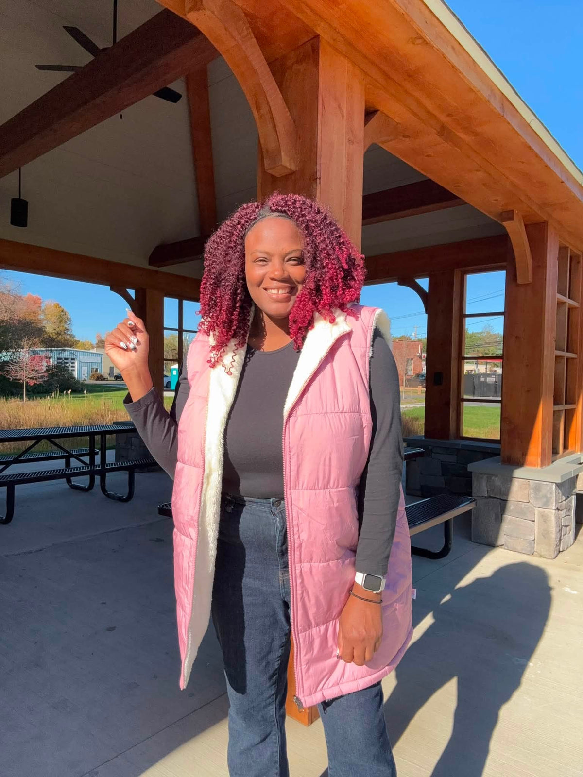LuLaRoe Alta Solid Dusty Blush Pink reversible puffer vest, product and styling photo 4