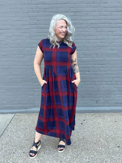 LuLaRoe Cassandra Cap Sleeve Midi Dress – Burgundy Red & Navy Blue Plaid – view 3