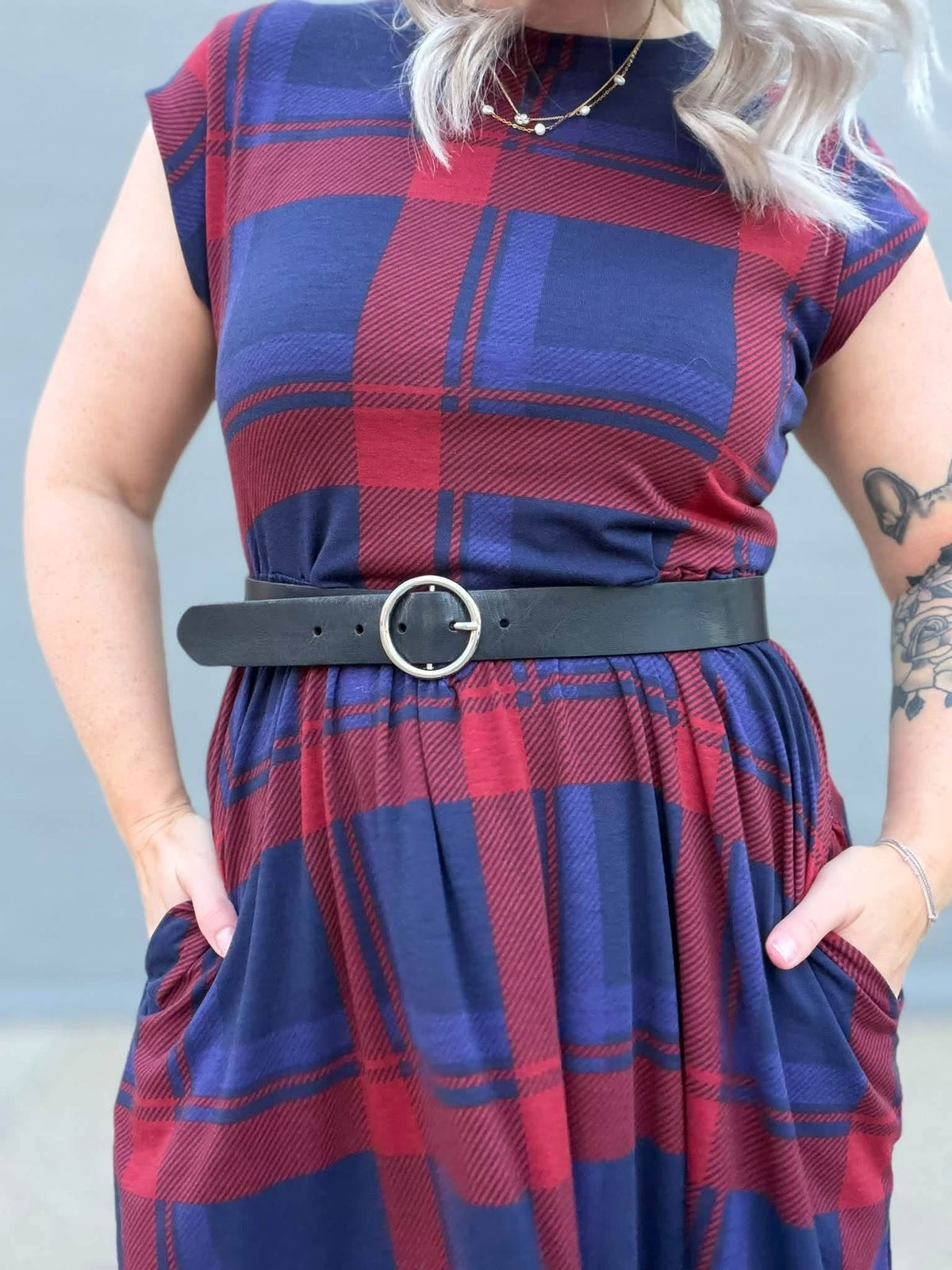 LuLaRoe Cassandra Cap Sleeve Midi Dress – Burgundy Red & Navy Blue Plaid – view 4