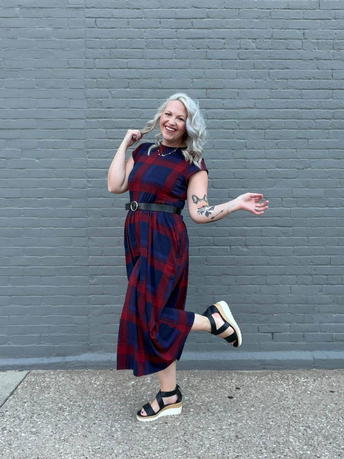 LuLaRoe Cassandra Cap Sleeve Midi Dress – Burgundy Red & Navy Blue Plaid – view 6
