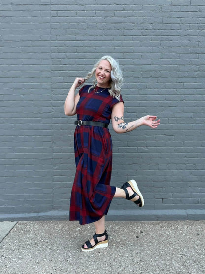 LuLaRoe Cassandra Cap Sleeve Midi Dress – Burgundy Red & Navy Blue Plaid – view 6