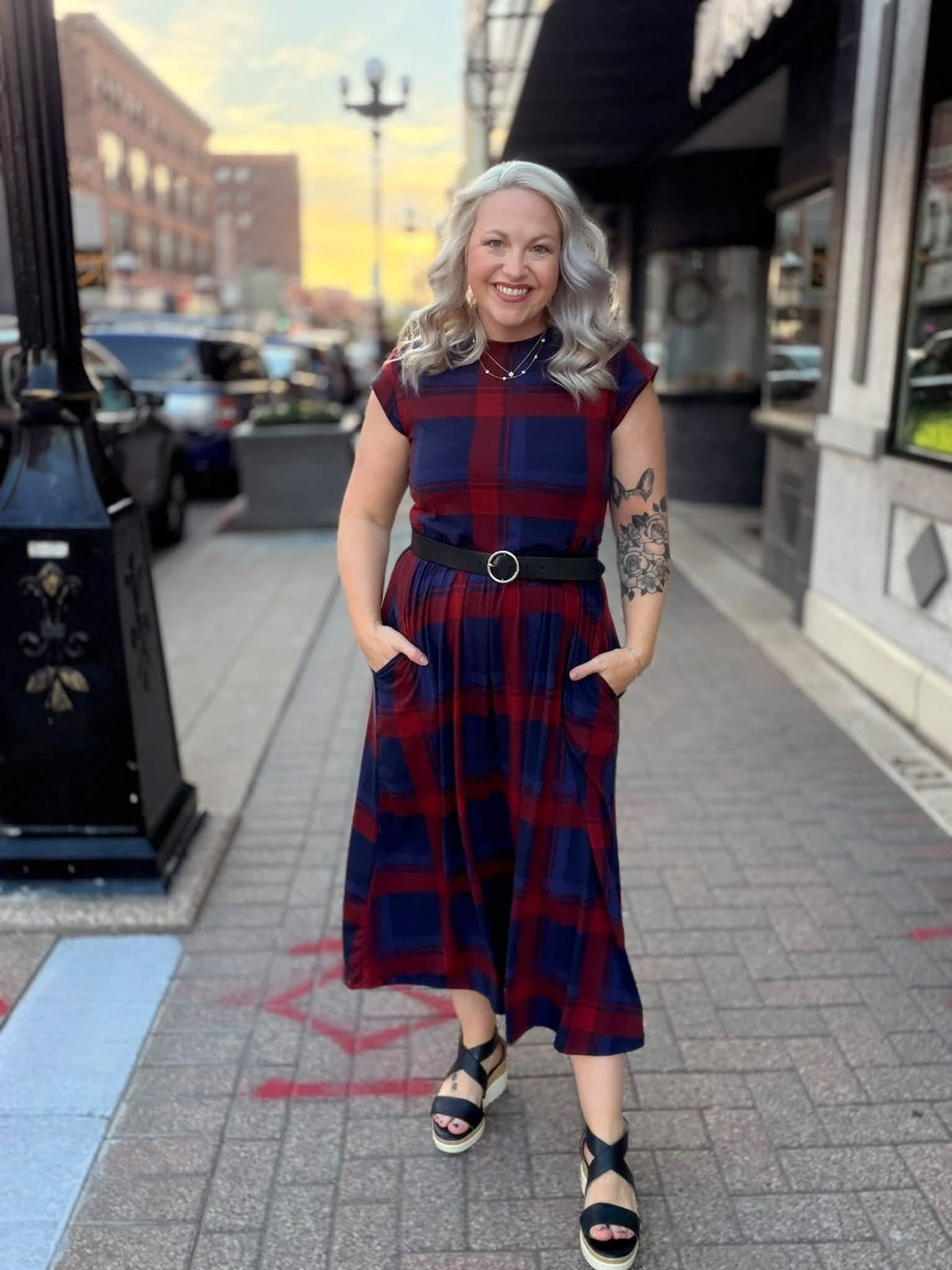 LuLaRoe Cassandra Cap Sleeve Midi Dress – Burgundy Red & Navy Blue Plaid – view 8