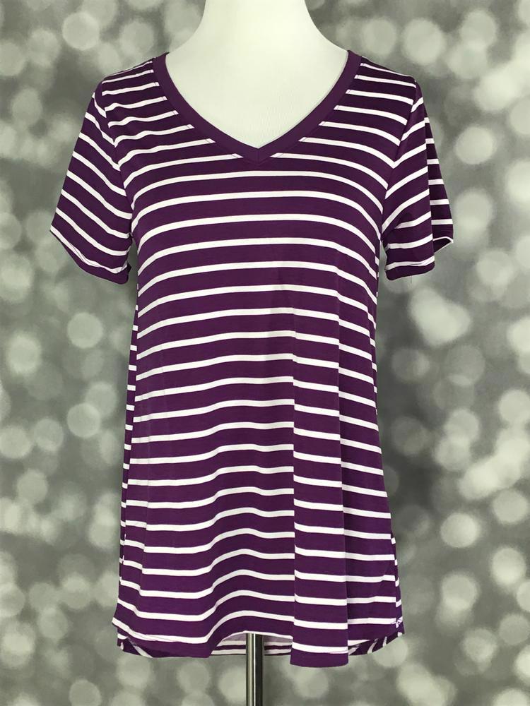 LuLaRoe Christy T featuring Plumberry Classic Stripe print with white horizontal stripes on a rich plum purple background, relaxed fit V-neck top for women.