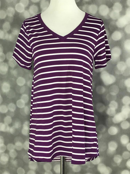 LuLaRoe Christy T featuring Plumberry Classic Stripe print with white horizontal stripes on a rich plum purple background, relaxed fit V-neck top for women.