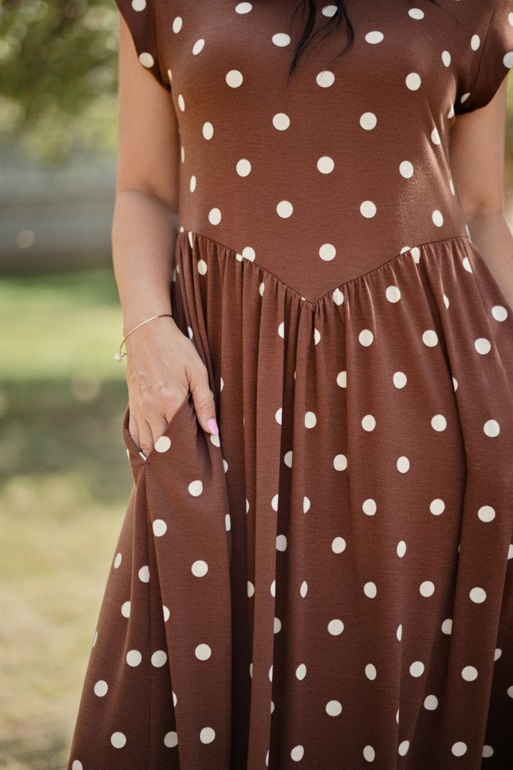 LuLaRoe Cassandra Cap Sleeve Midi Dress – Chocolate Brown & Ivory Polka Dots – view 3