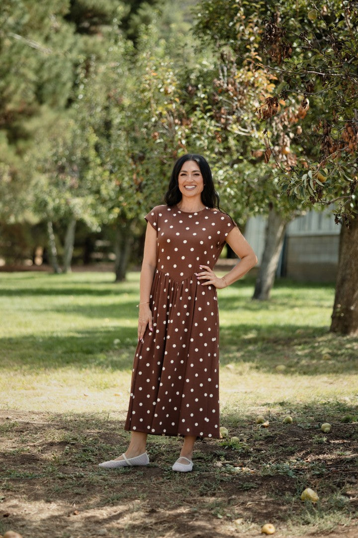 LuLaRoe Cassandra Cap Sleeve Midi Dress – Chocolate Brown & Ivory Polka Dots – view 4