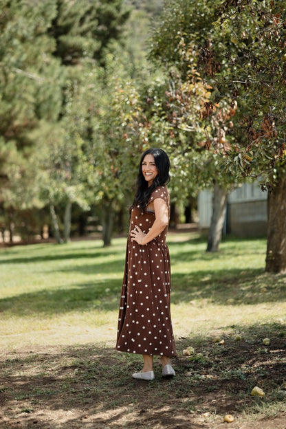 LuLaRoe Cassandra Cap Sleeve Midi Dress – Chocolate Brown & Ivory Polka Dots – view 6