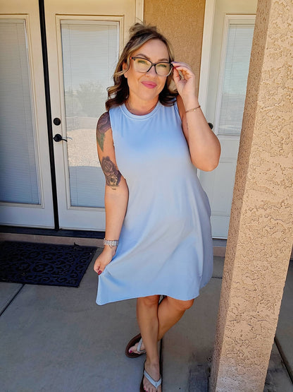 LuLaRoe Charlotte Dress - Solid Powder Blue Sleeveless A-Line Dress with Pockets