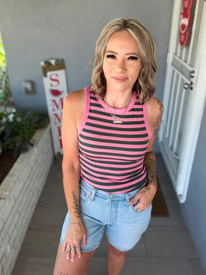 LuLaRoe Davy Rib Tank – Dusty Rose & Deep Teal Horizontal Stripe