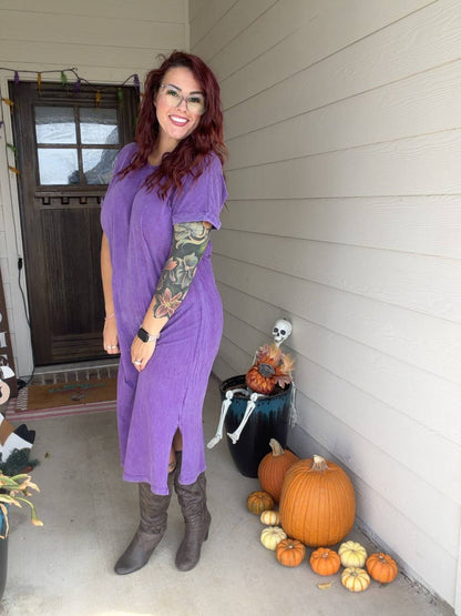 LuLaRoe Leticia Solid Mineral Washed Vibrant Orchid Purple 100% cotton mineral washed midi T-shirt dress - product image 4