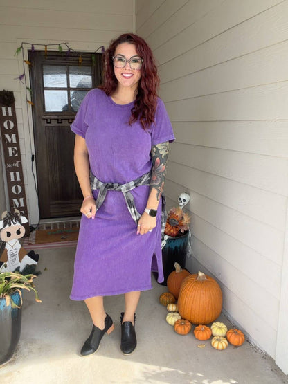 LuLaRoe Leticia Solid Mineral Washed Vibrant Orchid Purple 100% cotton mineral washed midi T-shirt dress - product image 6