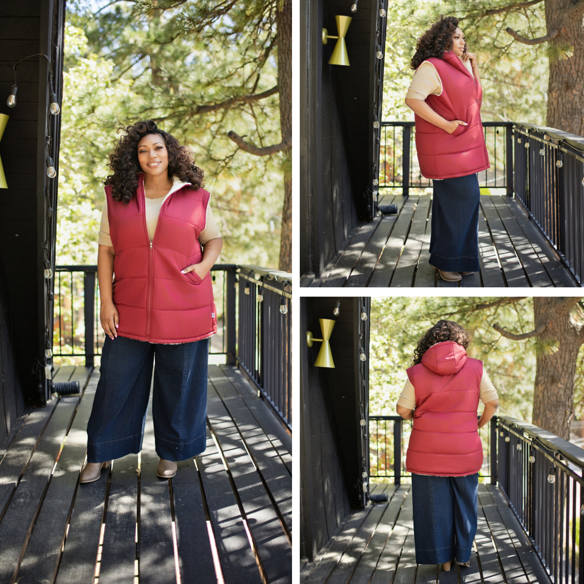 LuLaRoe Alta Reversible Long Vest Solid Brick Red, lifestyle and detail photo 9